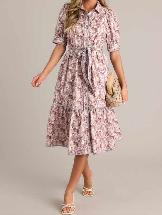 entro Dresses & Skirts - NWT Entro Brown Floral Midi Shirt Dress with Tie Waist - S